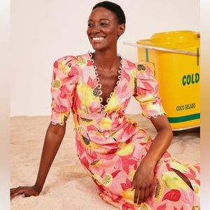 Farm Rio Linen Papaya Floral Midi Dress size M